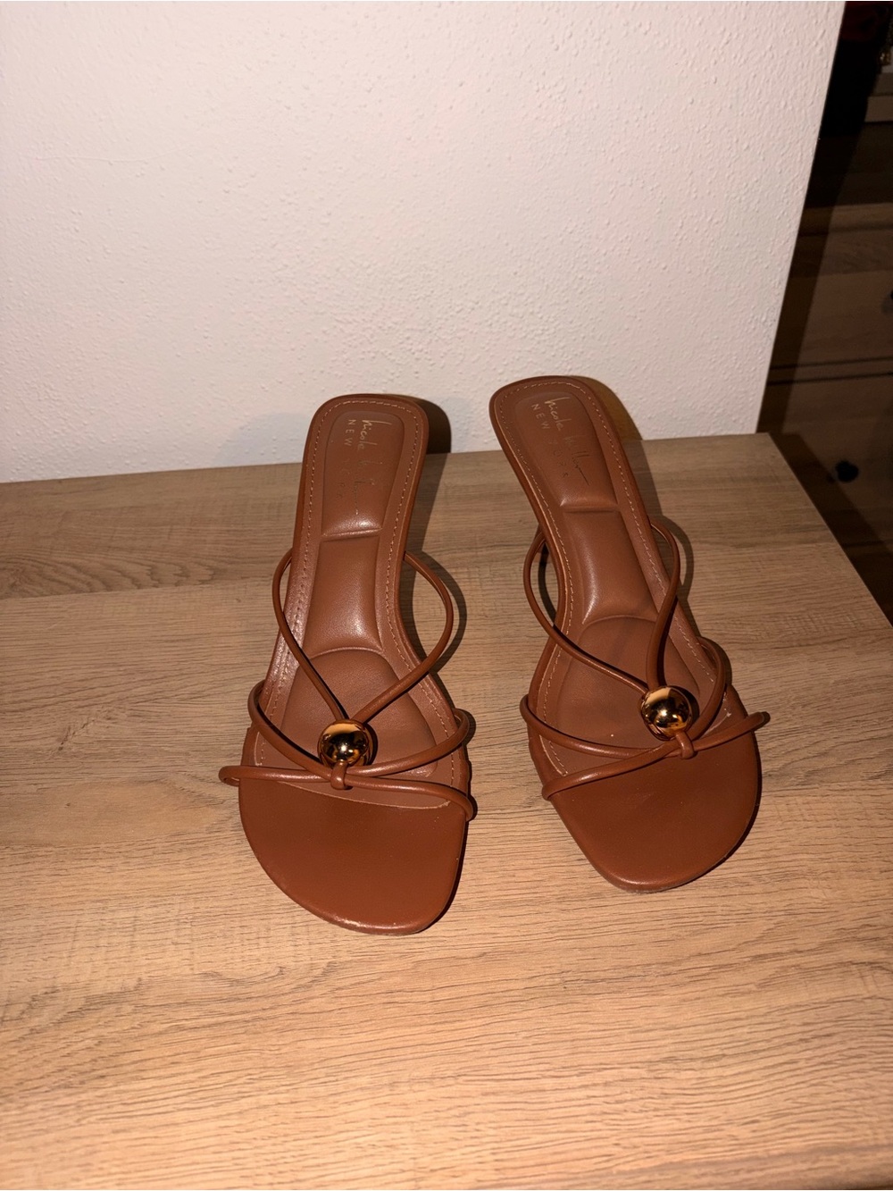 Women's Strappy Brown Kitten Heels with Gold Accent